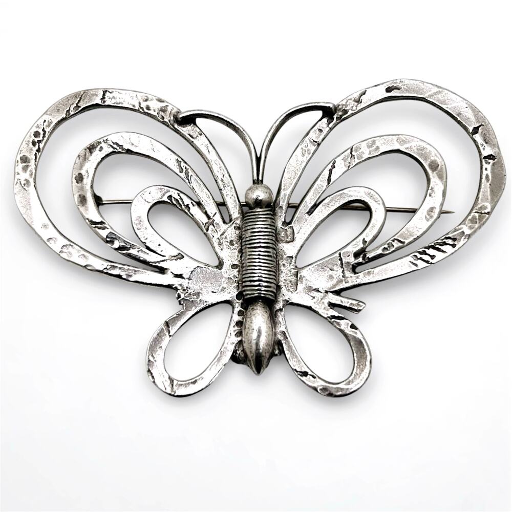 Vintage Hammered Silver Pewter Oversized Butterfly Statement Brooch (EUC)